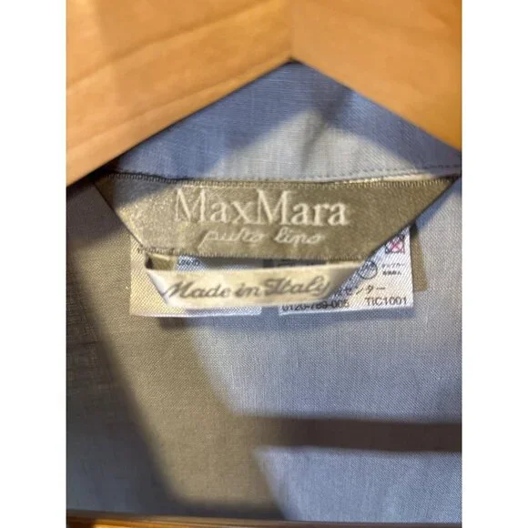 Max Mara Light Blue Linen Short Sleeve Button Front Collared Blouse Top Sz 8 - Picture 4 of 7